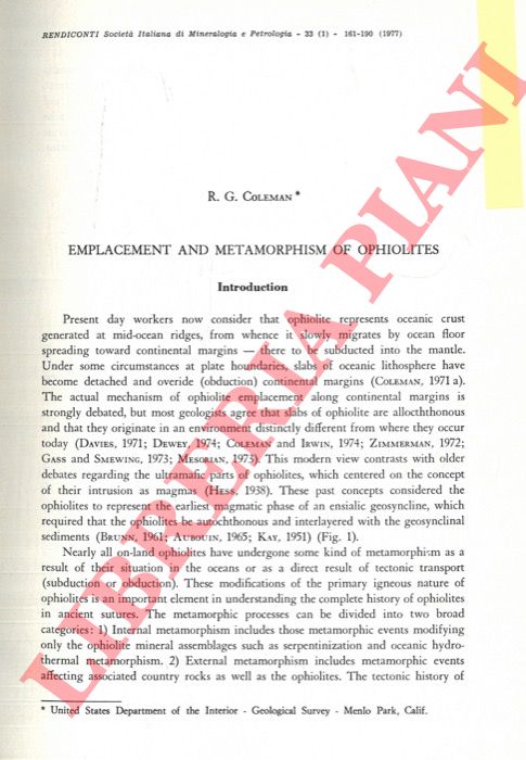 COLEMAN R.G. - - Emplacement and metamorphism of ophiolites.