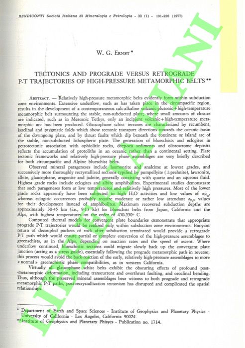 ERNST W.G. - - Tectonics and prograde versus retrograde P-T trajectories of high pressure metamorphic belts.