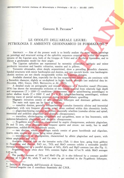 PICCARDO Giovanni B. - - Le ofioliti dell'areale ligure: petrologia e ambiente geodinamico di formazione.