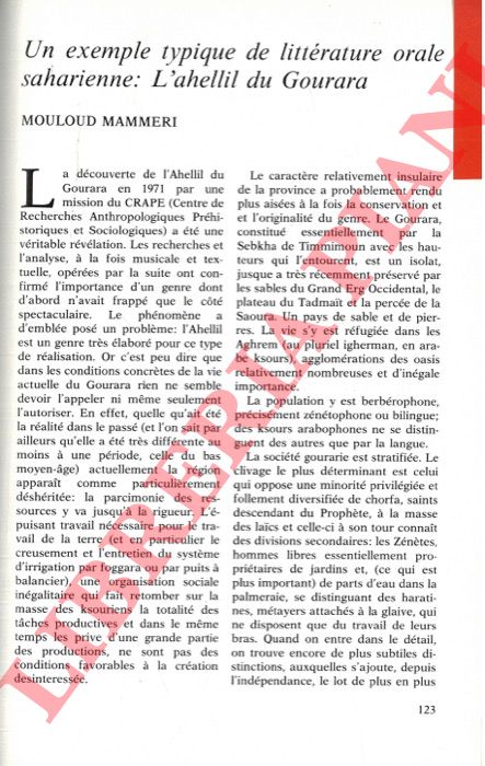 MAMMERI Mouloud - - Un exemple typique de littrature orale saharienne: l'ahellil du Gourara.
