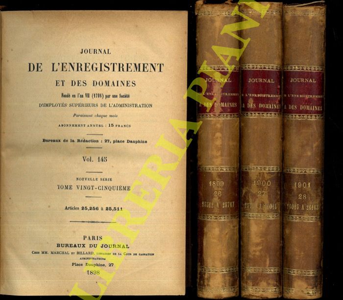 - - Journal de l'enregistrement et des domaines fond en l'an VII (1798) par une Socit d'Employs Suprieurs de l'Admistration. Vol. 145/148. Tome 25/28.