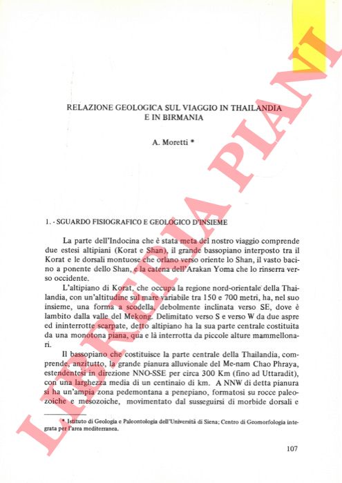 MORETTI A. - - Relazione geologica sul viaggio in Thailandia e in Brimania.
