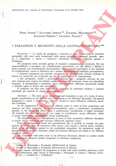 ATZORI Piero - IOPPOLO Salvatore - MACCARRONE Eleonora - PEZZINO Antonino - PUGLISI Giuseppa - - I paragneiss e micascisti della catena peloritana.