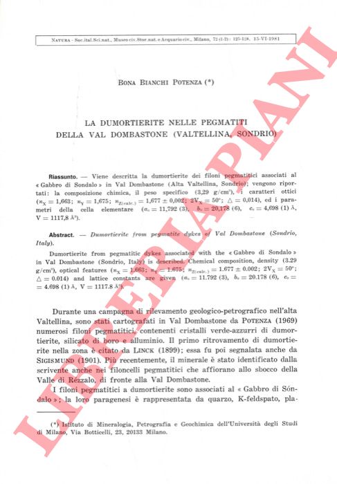 BIANCHI POTENZA Bona - - La dumortierite nelle pegmatiti della Val Dombastone (Valtellina, Sondrio) .