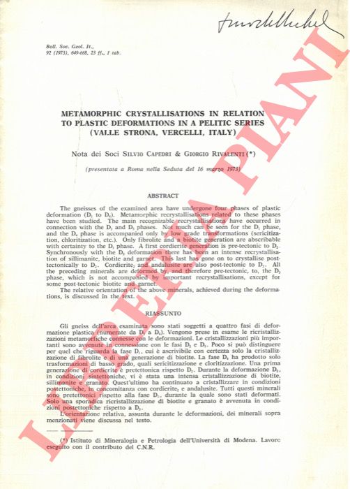 CAPEDRI Silvio - RIVALENTI Giorgio - - Metamorphic Crystallisations in Relation to Plastic Deformations in a Pelitic Series (Valle Strona, Vercelli, Italy) .