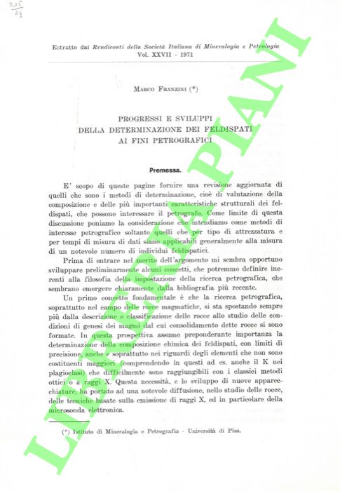 FRANZINI Marco - - Progressi e sviluppi della determinazione  dei feldispati ai fini petrografici.