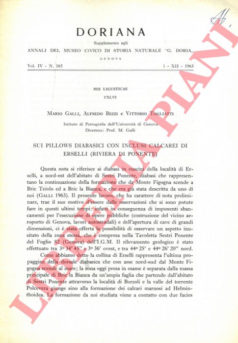 GALLI Mario - BEZZI Alfredo - TOGLIATTI Vittorio - - Sui pillows diabasici con inclusi calcarei di Erselli (Riviera di Ponente) .
