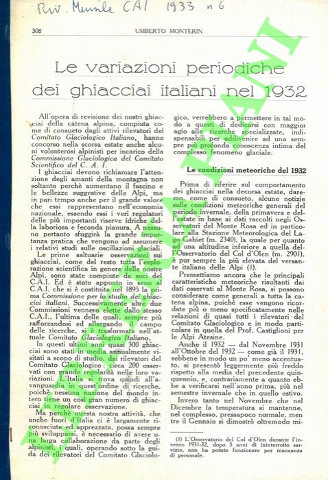 MONTERIN Umberto - - Le variazioni periodiche dei ghiacciai italiani nel 1932.
