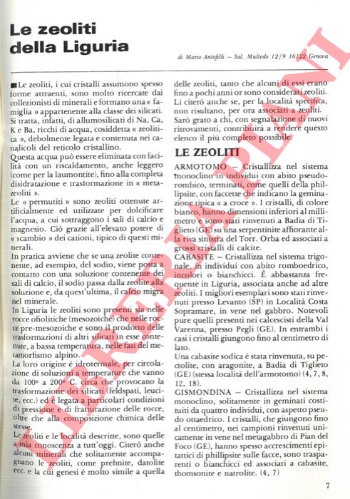 ANTOFILLI Mario - - Le zeoliti in Liguria.