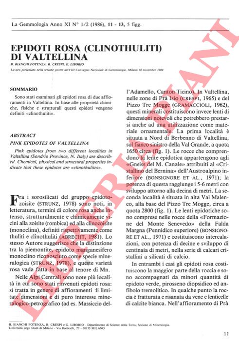 BIANCHI POTENZA B. - CRESPI R. - LIBORIO E. - - Epidoti rosa (clinothuliti) di Valtellina.