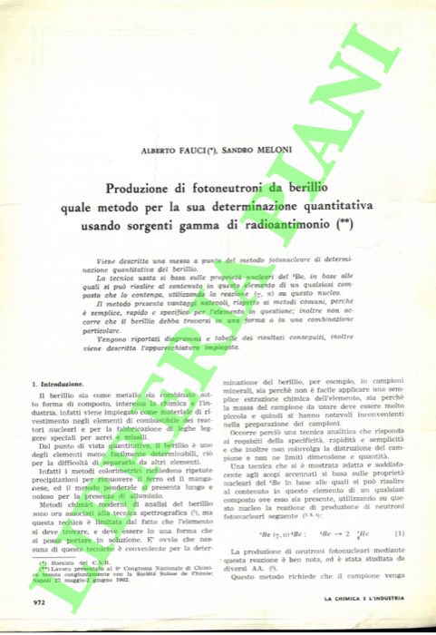 FAUCI Alberto - MELONI Sandro - - Produzione di fotoneutroni da berillio quale metodo per la sua determinazione quantitativa usando sorgenti gamma di radioantimonio.