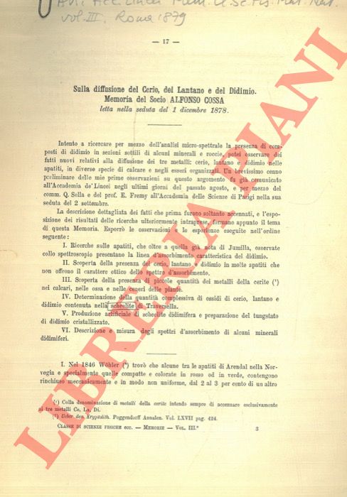 COSSA Alfonso - - Sulla diffusione del Cerio, del Lantano e del Didimo.