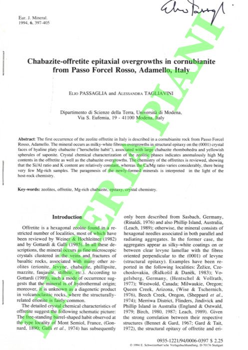 PASSAGLIA Elio - TAGLIAVINI Alessandra - - Chabazite-offretite epitaxial overgrowths in cornubianite from Passo Forcel Rosso, Adamello, Italy.
