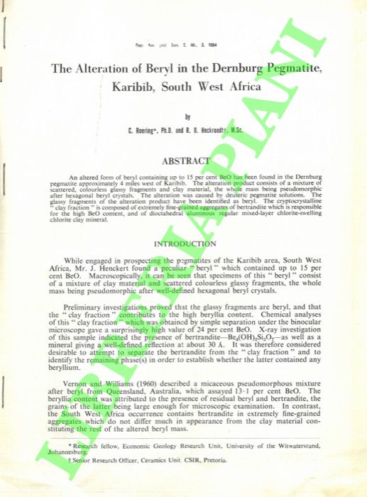 ROERING G. - HECKROODT R.O. - - The Alteration of Beryl in the Dernburg Pegmatite, Karibib, South West africa.