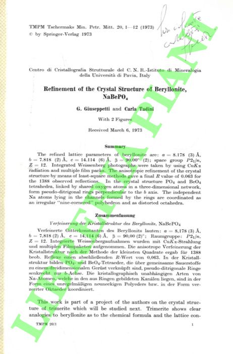 GIUSEPPETTI G. - TADINI Carla - - Refinement of the Crystal Structure of Beryllonite, NaBePO4 .