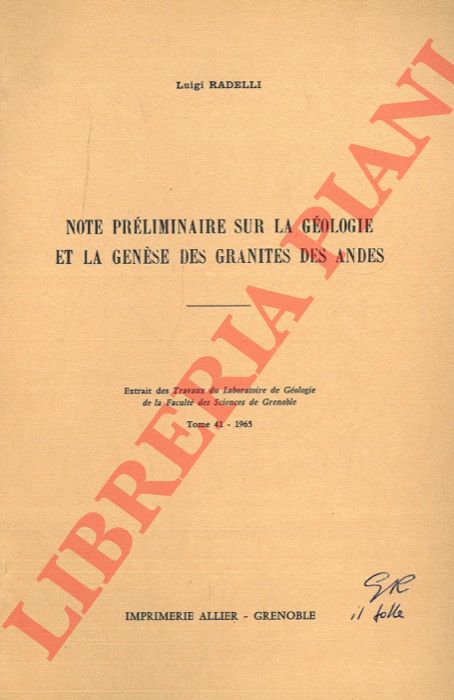 RADELLI Luigi - - Note prliminaire sur la gologie et la gense des granites des Andes.