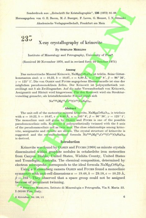MERLINO Stefano - - X-ray crystallographie of krinovite.