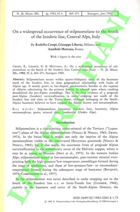 CRESPI Rodolfo - LIBORIO Giuseppe - MOTTANA Annibale - - On a widespread occurrence of stilpnomelane to the South of the Insubric line, Central Alps, Italy.
