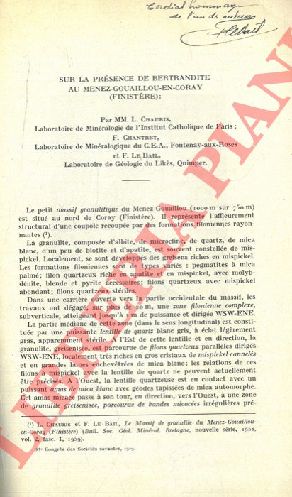 CHAURIS L. - CHANTRET F. - LE BAIL F. - - Sur la prsence de Bertrandite au Menez-Gouaillou-en-Coray (Finistre) .