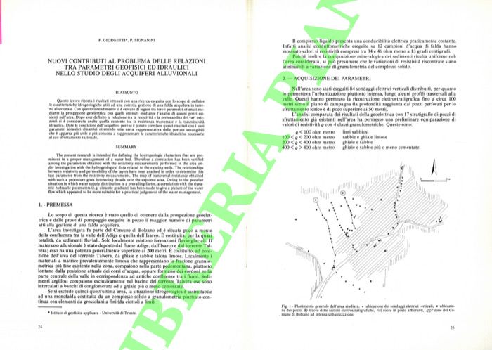 GIORGETTI F. - SIGNANINI P. - - Nuovi contributi al problema delle relazioni tra parametri geofisici ed idraulici nello studio degi acquiferi alluvionali.