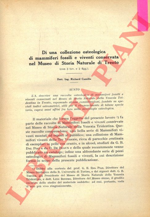 RICHARD Camillo - - Di una collezione osteologica di mammiferi fossili e viventi conservata nel Museo di Storia Naturale di Trento.