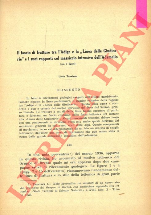 TREVISAN Livio - - Il fascio di fratture tra l'Adige e la 'Linea delle Giudicarie' e i suoi rapporti col massiccio intrusivo dell'Adamello.