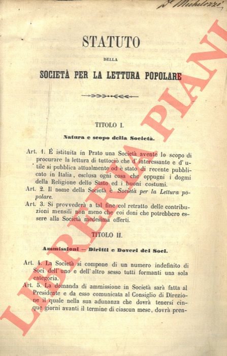 - - Statuto della Societ per la Lettura Popolare.