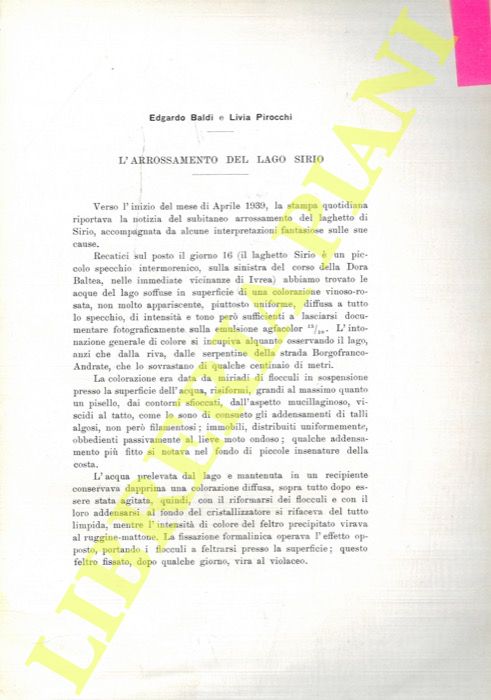 BALDI Edgardo - PIROCCHI Livia - - L'arrossamento del Lago Sirio.