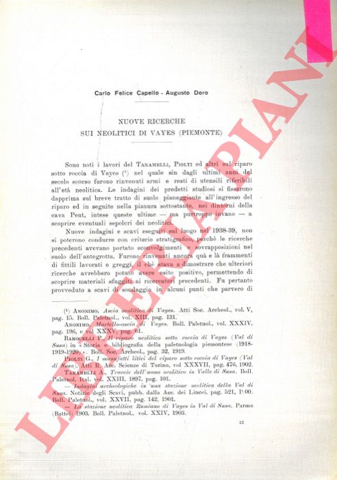 CAPELLO Carlo Felice - DORO Augusto - - Nuove ricerche sui Neolitici di Vayes (Piemonte) .