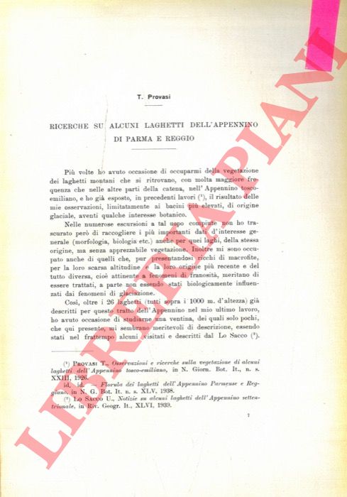 PROVASI T. - - Ricerche su alcuni laghetti dell'Appennino di Parma e Reggio.