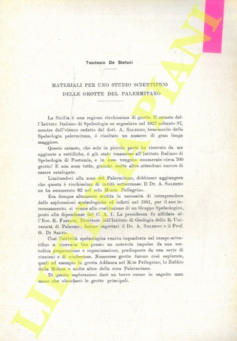 DE STEFANI Teodosio - - Materiali per uno studio scientifico delle grotte del palermitano.