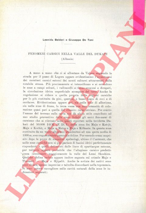 BOLDORI Leonida - DE TONI Giuseppe - - Fenomeni carsici nella Valle del Dukati (Albania) .
