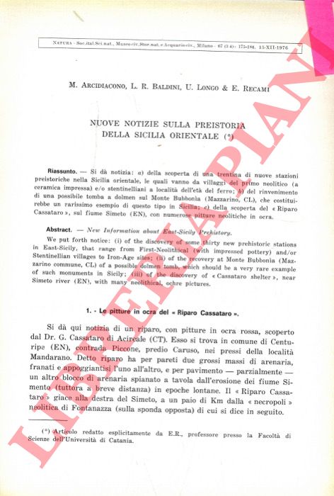 ARCIDIACONO M. - BALDINI L. R. - LONGO U. - RECAMI E. - - Nuove notizie sulla preistoria della Sicilia orientale.