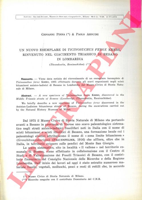 PINNA Giovanni & ARDUINI Paolo - - Un nuovo esemplare di Ticinosuchus ferox Krebs, rinvenuto nel giacimento triassico di Besano in Lombardia (Thecodontia, Rauisuchidae) .