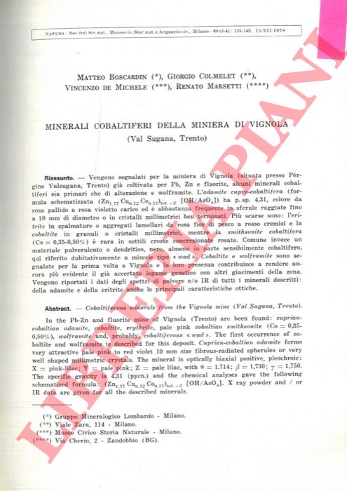 BOSCARDIN Matteo - COLMELET Giorgio - DE MICHELE Vincenzo - MARSETTI Renato - - Minerali cobaltiferi della miniera di Vignola (Val Sugana, Trento) .