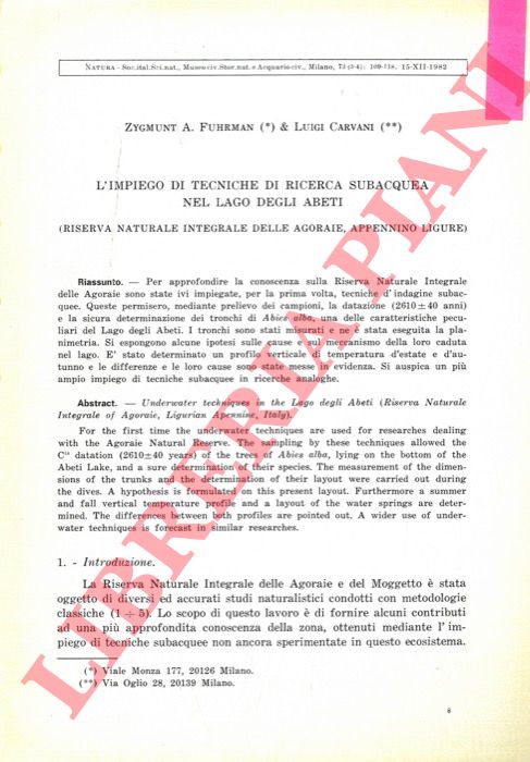 FUHRMAN Zygmunt A. & CARVANI Luigi - - L'impiego di tecniche di ricerca subacquea nel Lago degli Abeti (Riserva Naturale Integrale delle Agrate, Appennino Ligure) .