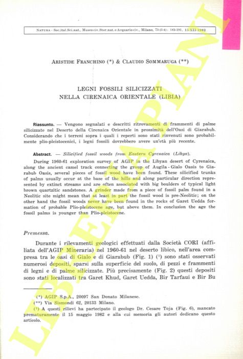 FRANCHINO Aristide & SOMMARIGA Claudio - - Legni fossili silicizzati nella Cirenaica Orientale (Libia) .