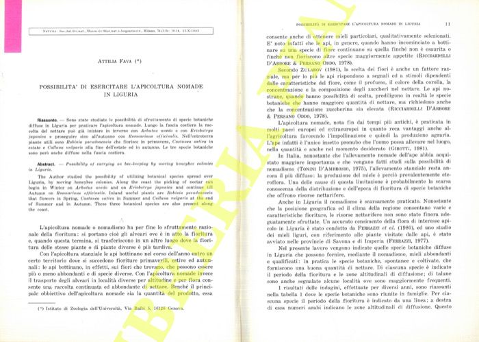 FAVA Attilia - - Possibilit di esercitare l'apicoltura nomade in Liguria.