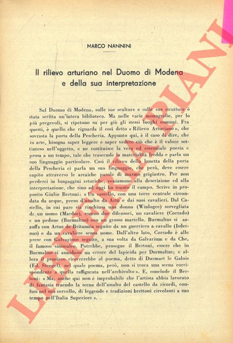 NANNINI Marco - - Il rilievo arturiano nel Duomo di Modena e della sua interpretazione.