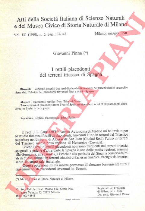 PINNA Giovanni - - I rettili placodonti dei terreni triassici di Spagna.