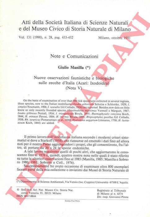 MANILLA Giulio - - Nuove osservazioni faunistiche e biologiche sulle zecche d'Italia (Acari: Ixodidea) . Nota V.