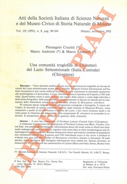 CRUCITTI Pierangelo - ANDREINI Marco - LEOPARDI Marco - - Una comunit troglofila di Chirotteri del Lazio Settentrionale (Italia Centrale) (Chiroptera) .