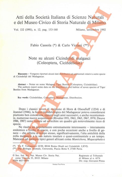 CASSOLA Fabio - VIOLANI Carlo - - Note su alcuni Cicindelidi malgasci (Coleoptera, Cicindelidae) .