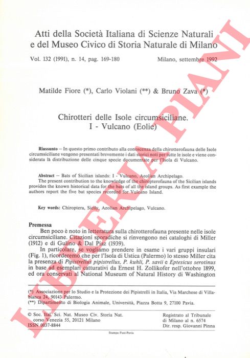 FIORE Matilde - VIOLANI Carlo & ZAVA Bruno - - Chirotteri delle Isole circumsiciliane. I. Vulcano (Eolie) .