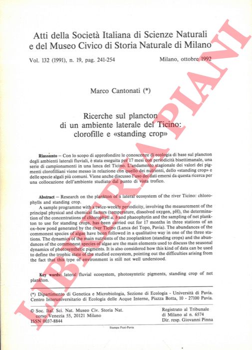 CANTONATI Marco - - Ricerche sul plancton di un ambiente laterale del Ticino: clorofille e 'standing crop' .