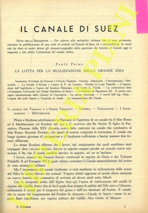 TRONI Armando - - Il Canale di Suez. La lotta per la realizzazione della grande idea. Parte prima.