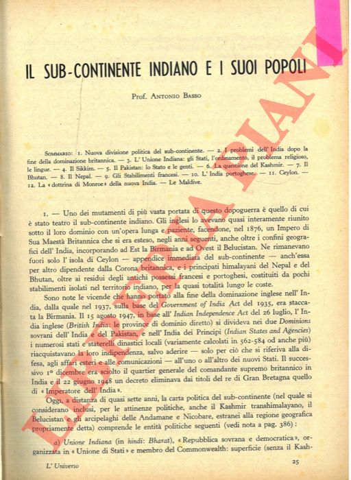 BASSO Antonio - - Il sub-continente indiano e i suoi popoli.