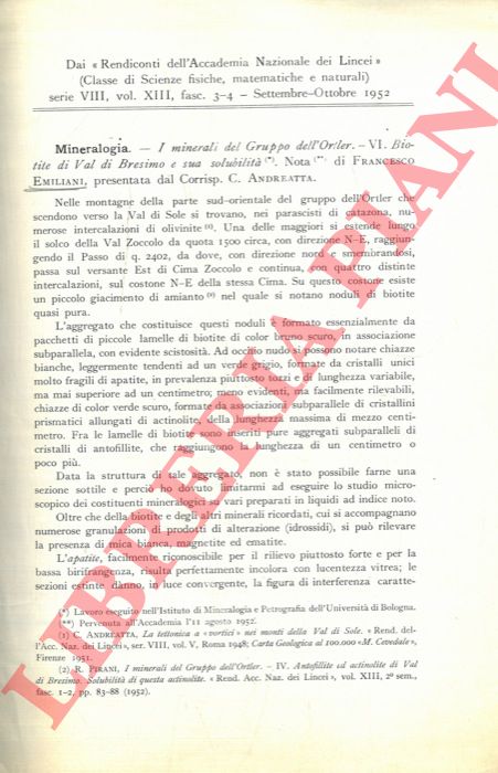 EMILIANI Francesco - - I minerali del Gruppo di Ortler. Biotite di Val di Bresimo e sua solubilit.