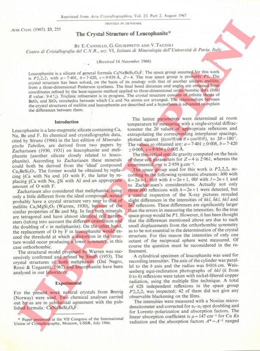 CANILLO E. - GIUSEPPETTI G. - TAZZOLI V. - - The crystal structure of Leucophanite. On the crystal structure of Leucophanite.