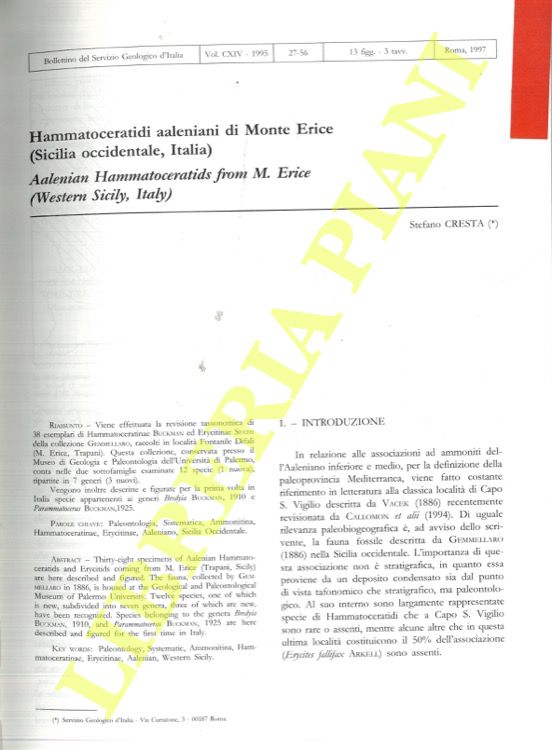 CRESTA Stefano - - Hammatoceratidi aaleniani di Monte Erice (Sicilia Occidentale, Italia) . Aalenian Hammatoceratids from M. Erice (Western Sicily, Italy) .